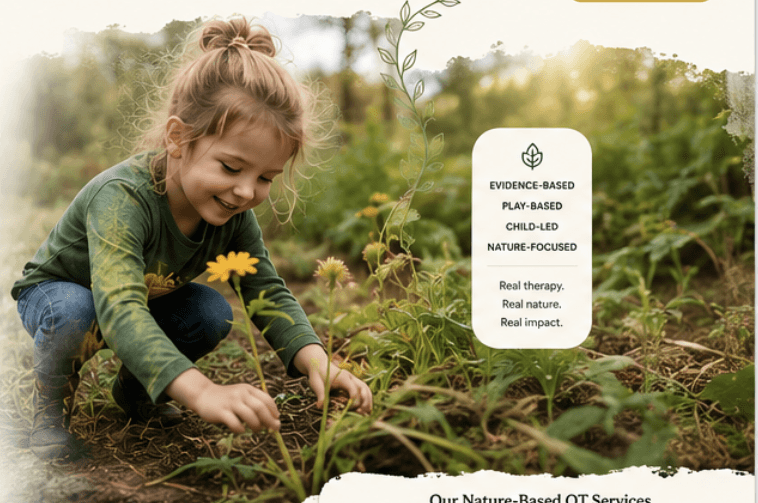 Child exploring plants outdoors during nature-based occupational therapy