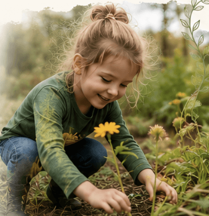 Child crouching in a natural outdoor setting