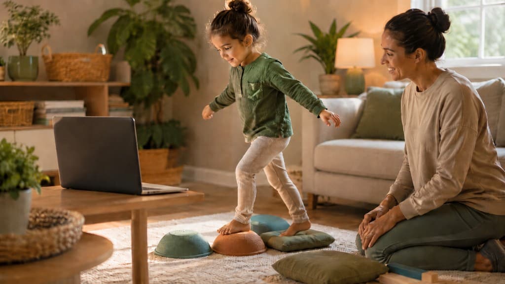Child practicing balance on movement pods at home while a caregiver supports a reflex integration intensive session