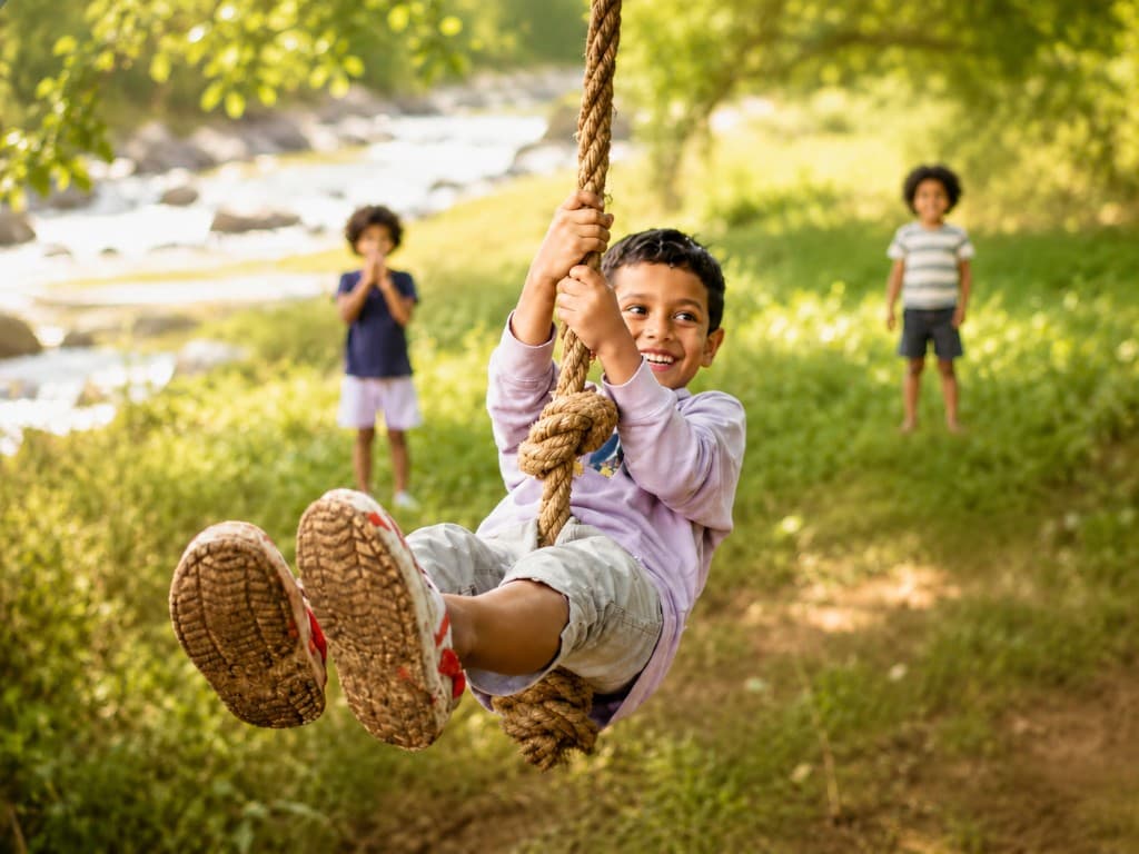 Child smiling on a rope swing outdoors during a nature play group by a sunlit creek
